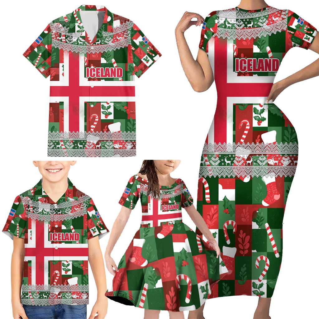 Iceland Christmas Family Matching Short Sleeve Bodycon Dress and Hawaiian Shirt with Green & Red Candy Cane Pattern Santa Claus and National Flag Motif - Wonder Print Shop