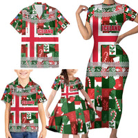 Iceland Christmas Family Matching Short Sleeve Bodycon Dress and Hawaiian Shirt with Green & Red Candy Cane Pattern Santa Claus and National Flag Motif - Wonder Print Shop