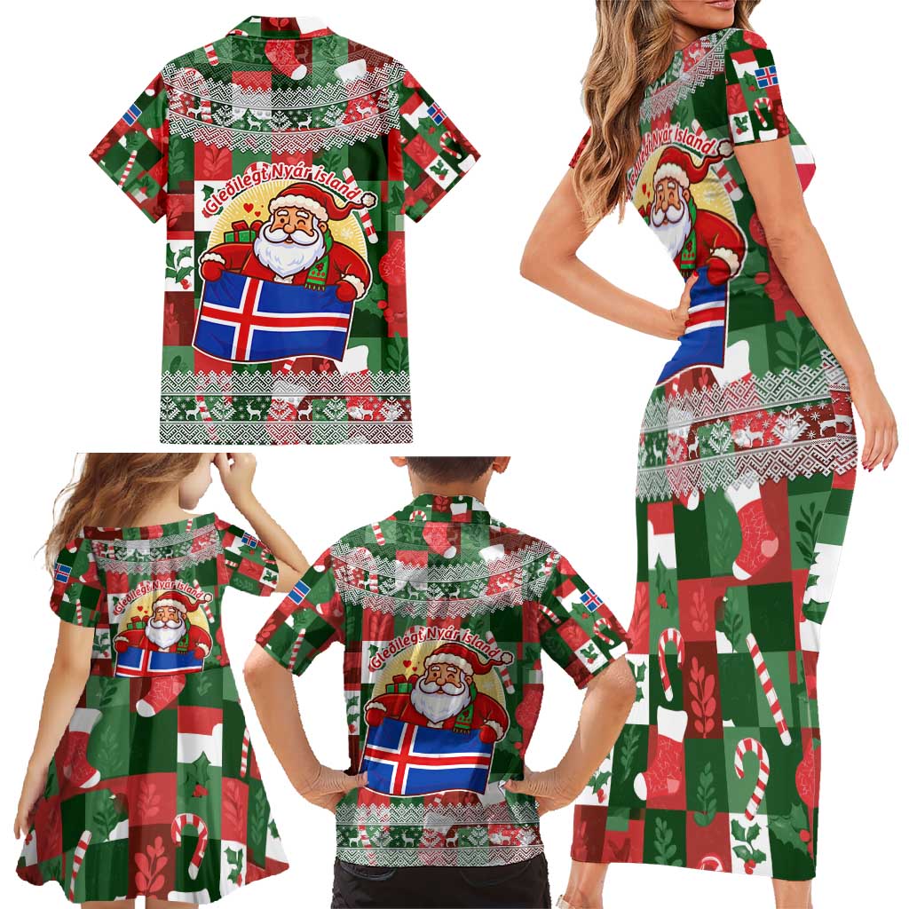 Iceland Christmas Family Matching Short Sleeve Bodycon Dress and Hawaiian Shirt with Green & Red Candy Cane Pattern Santa Claus and National Flag Motif - Wonder Print Shop