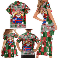 Iceland Christmas Family Matching Short Sleeve Bodycon Dress and Hawaiian Shirt with Green & Red Candy Cane Pattern Santa Claus and National Flag Motif - Wonder Print Shop