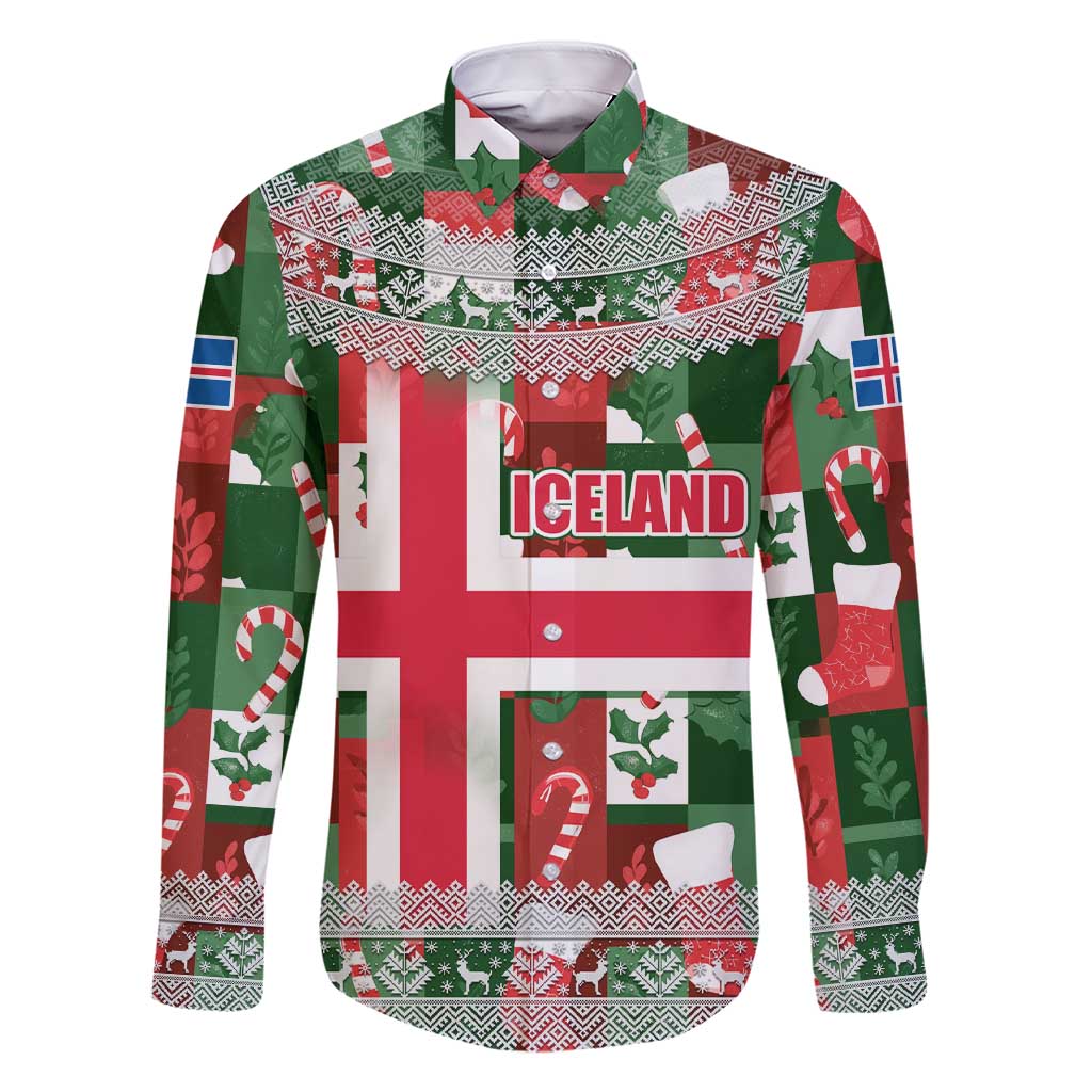 Iceland Christmas Family Matching Short Sleeve Bodycon Dress and Hawaiian Shirt with Green & Red Candy Cane Pattern Santa Claus and National Flag Motif - Wonder Print Shop