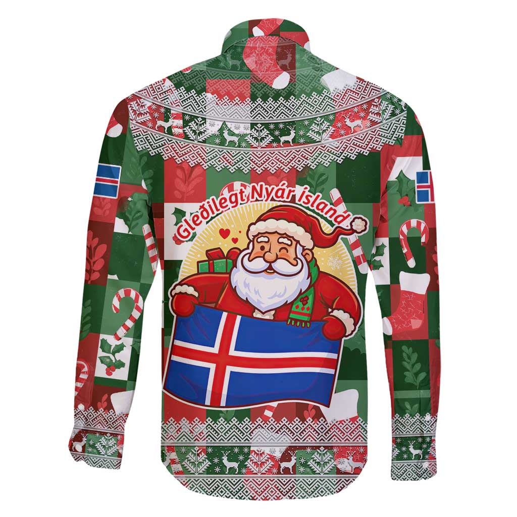 Iceland Christmas Family Matching Short Sleeve Bodycon Dress and Hawaiian Shirt with Green & Red Candy Cane Pattern Santa Claus and National Flag Motif - Wonder Print Shop