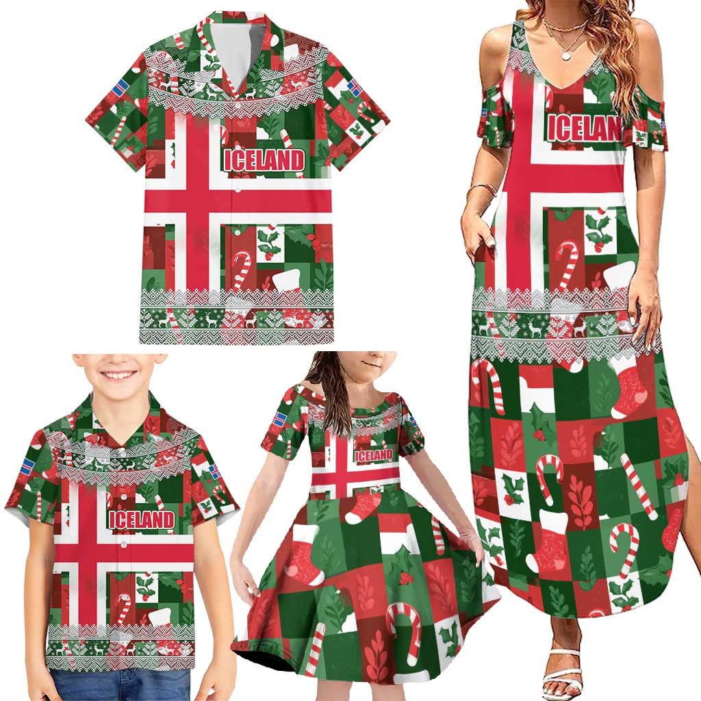 Iceland Christmas Family Matching Summer Maxi Dress and Hawaiian Shirt with Green & Red Candy Cane Pattern Santa Claus and National Flag Motif - Wonder Print Shop