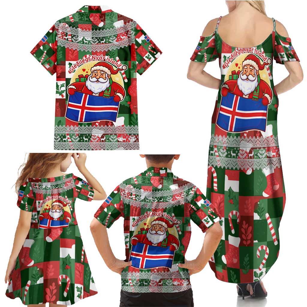 Iceland Christmas Family Matching Summer Maxi Dress and Hawaiian Shirt with Green & Red Candy Cane Pattern Santa Claus and National Flag Motif - Wonder Print Shop