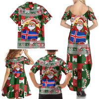 Iceland Christmas Family Matching Summer Maxi Dress and Hawaiian Shirt with Green & Red Candy Cane Pattern Santa Claus and National Flag Motif - Wonder Print Shop