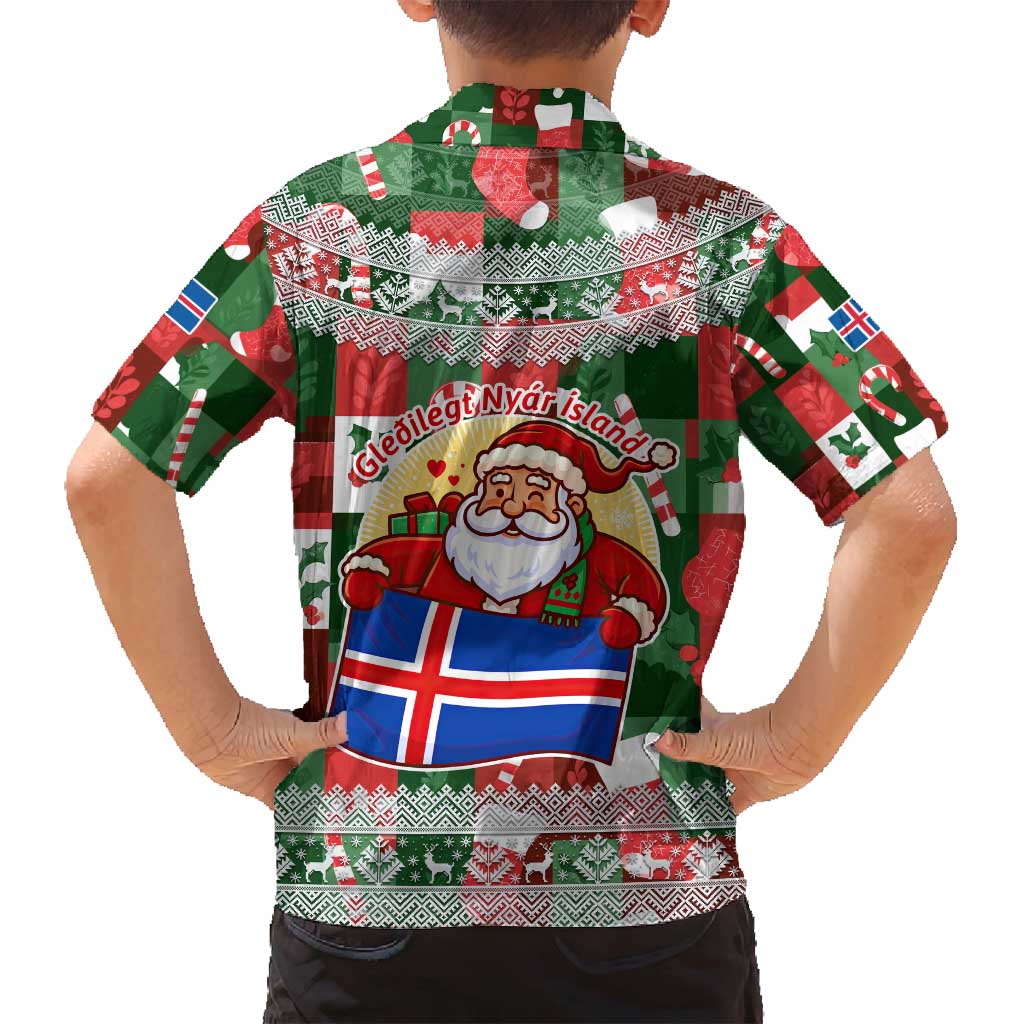 Iceland Christmas Family Matching Tank Maxi Dress and Hawaiian Shirt with Green & Red Candy Cane Pattern Santa Claus and National Flag Motif - Wonder Print Shop