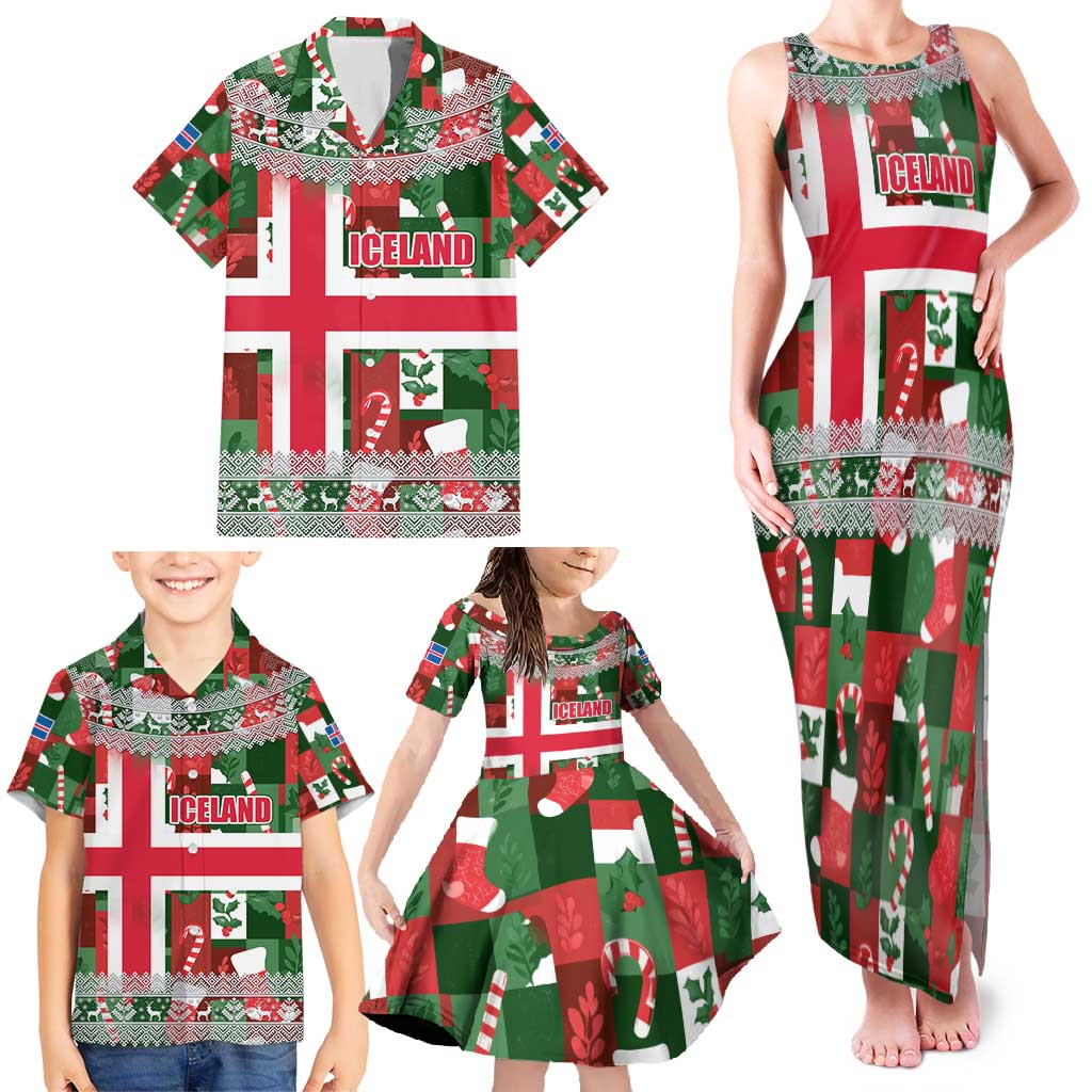 Iceland Christmas Family Matching Tank Maxi Dress and Hawaiian Shirt with Green & Red Candy Cane Pattern Santa Claus and National Flag Motif - Wonder Print Shop