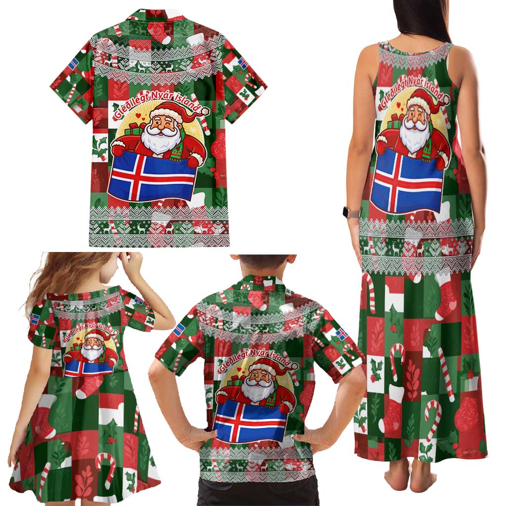 Iceland Christmas Family Matching Tank Maxi Dress and Hawaiian Shirt with Green & Red Candy Cane Pattern Santa Claus and National Flag Motif - Wonder Print Shop