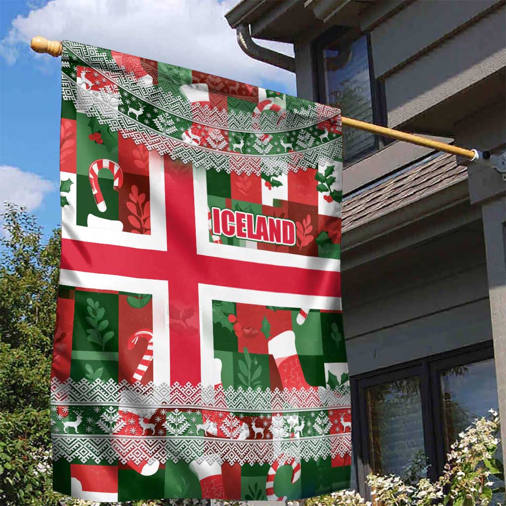Iceland Christmas Garden Flag with Green & Red Candy Cane Pattern Santa Claus and National Flag Motif - Wonder Print Shop
