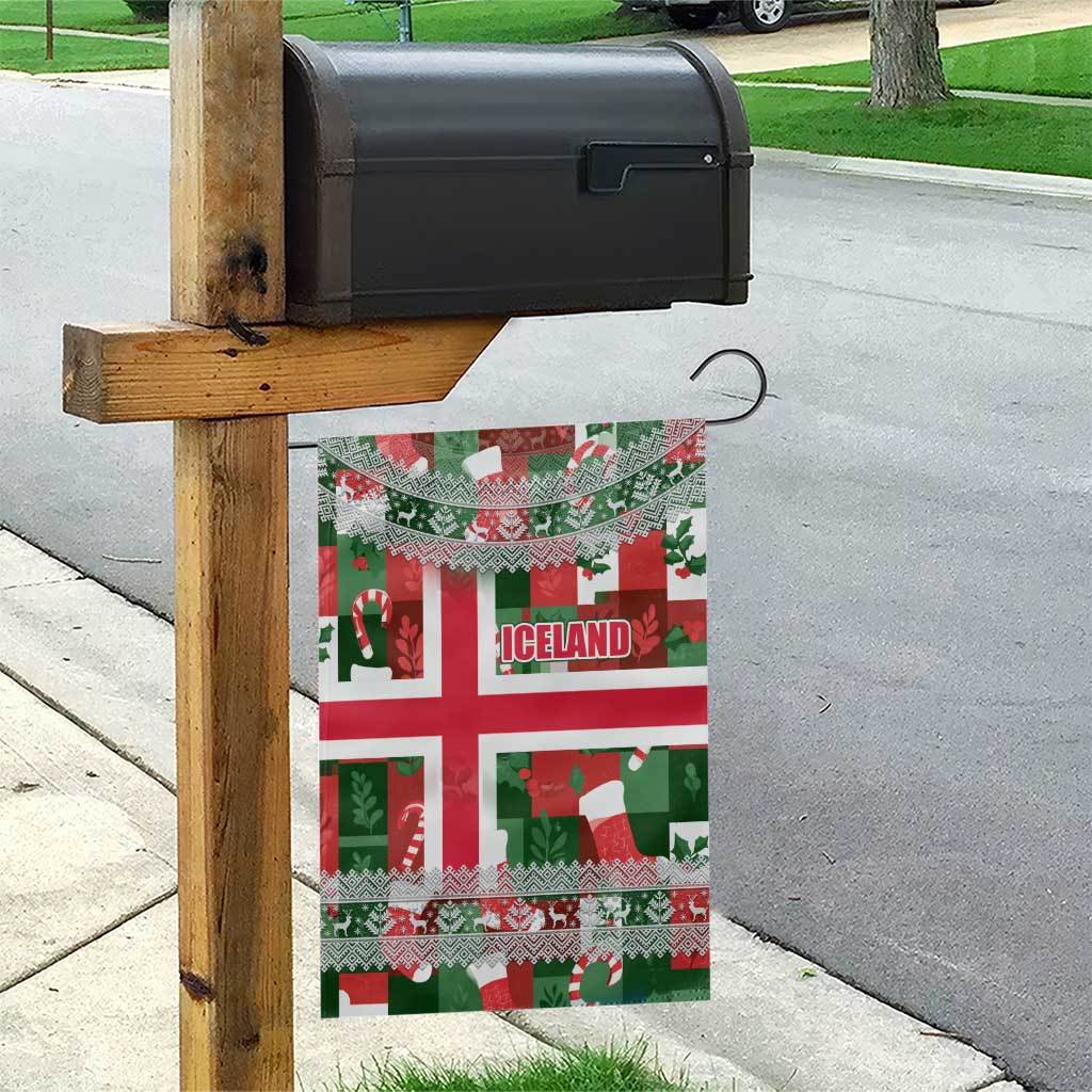 Iceland Christmas Garden Flag with Green & Red Candy Cane Pattern Santa Claus and National Flag Motif - Wonder Print Shop