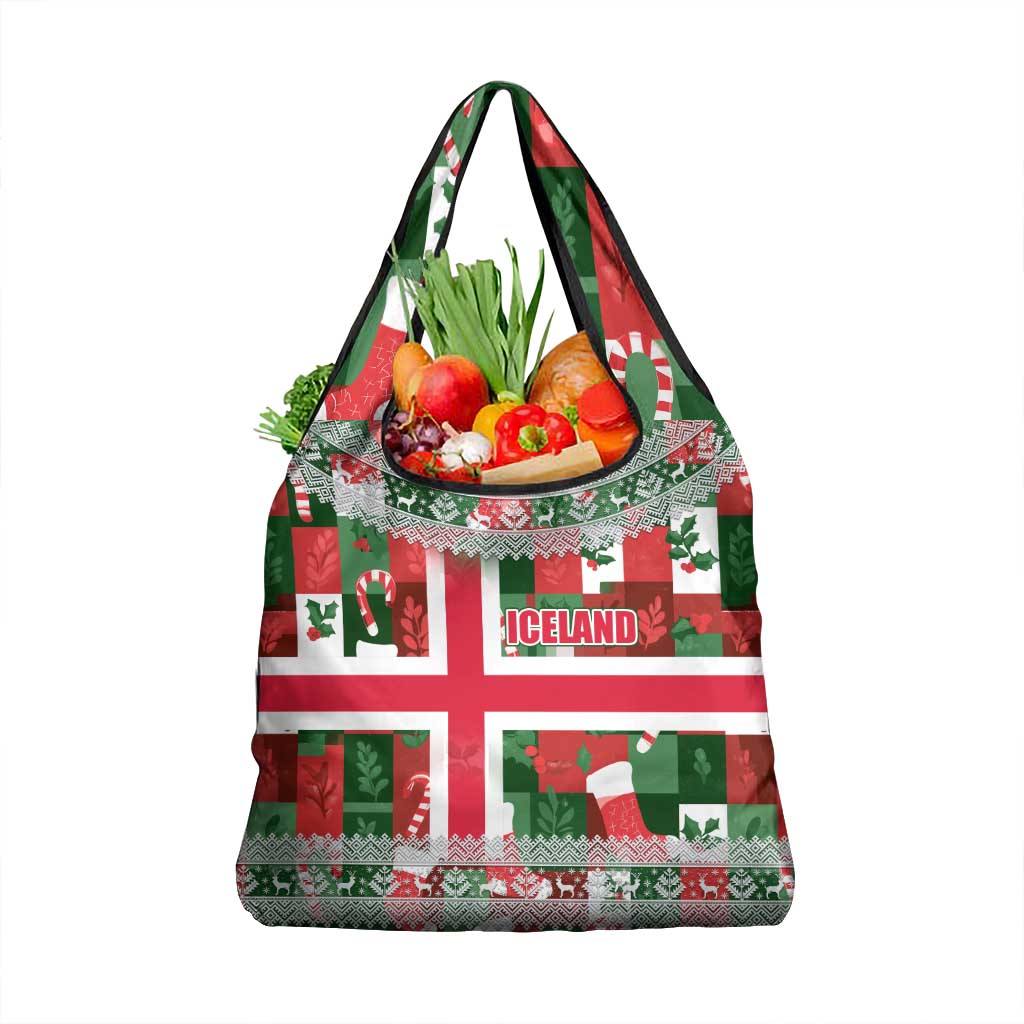 Iceland Christmas Grocery Bag with Green & Red Candy Cane Pattern Santa Claus and National Flag Motif - Wonder Print Shop