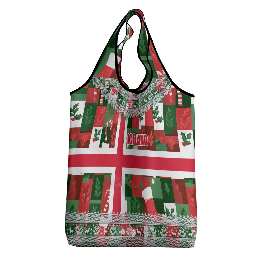 Iceland Christmas Grocery Bag with Green & Red Candy Cane Pattern Santa Claus and National Flag Motif - Wonder Print Shop