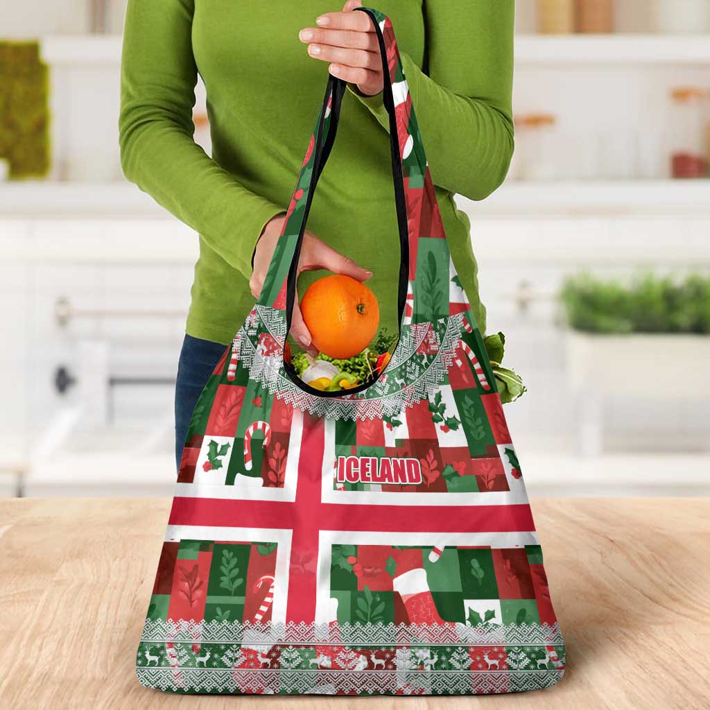 Iceland Christmas Grocery Bag with Green & Red Candy Cane Pattern Santa Claus and National Flag Motif - Wonder Print Shop