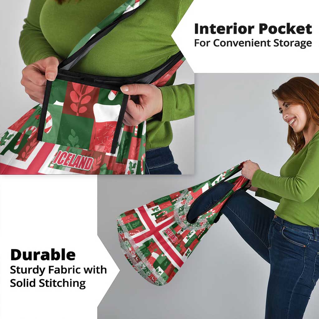 Iceland Christmas Grocery Bag with Green & Red Candy Cane Pattern Santa Claus and National Flag Motif - Wonder Print Shop