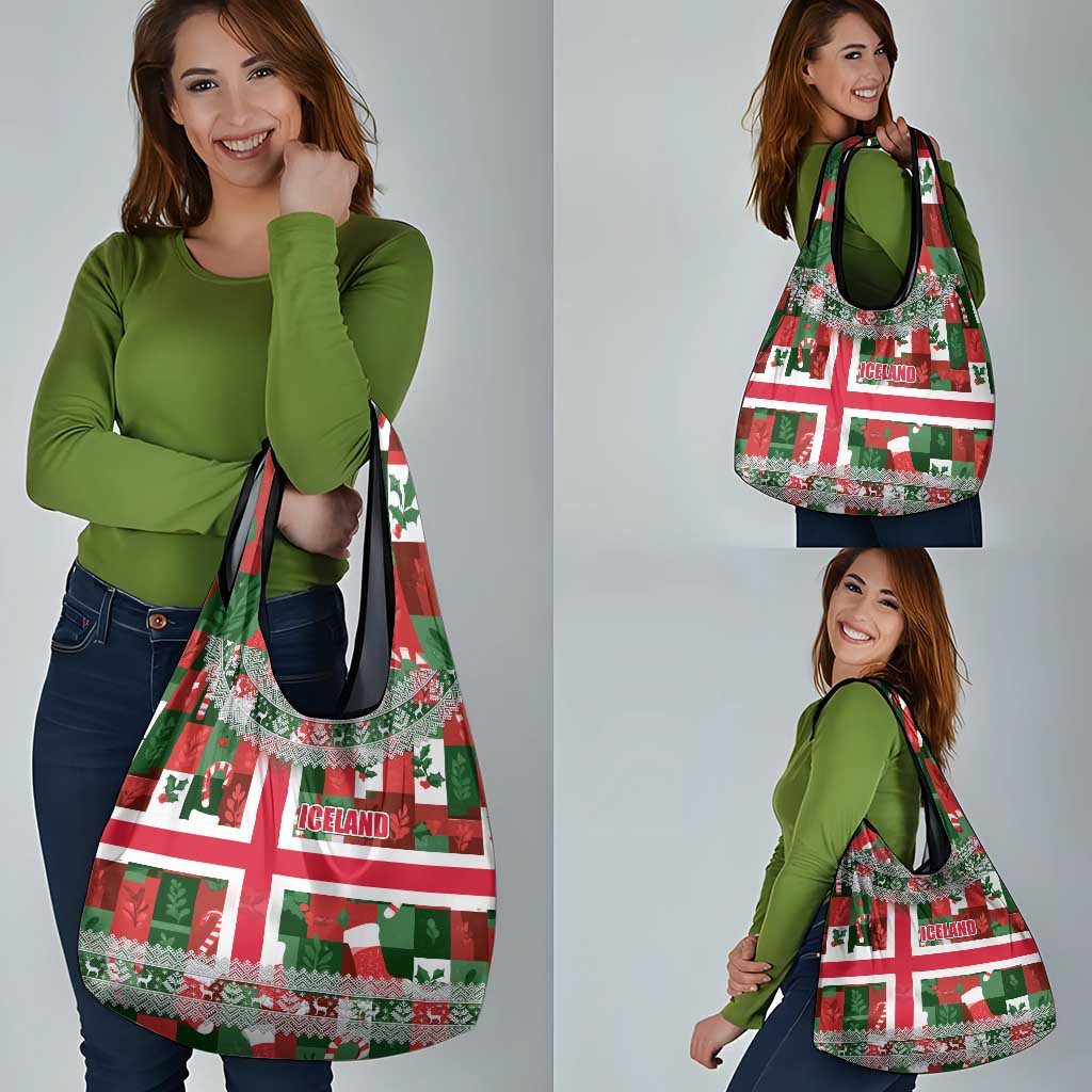 Iceland Christmas Grocery Bag with Green & Red Candy Cane Pattern Santa Claus and National Flag Motif - Wonder Print Shop