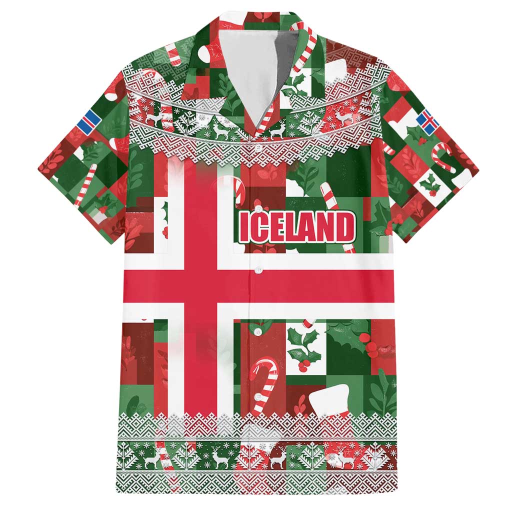 Iceland Christmas Hawaiian Shirt with Green & Red Candy Cane Pattern Santa Claus and National Flag Motif - Wonder Print Shop