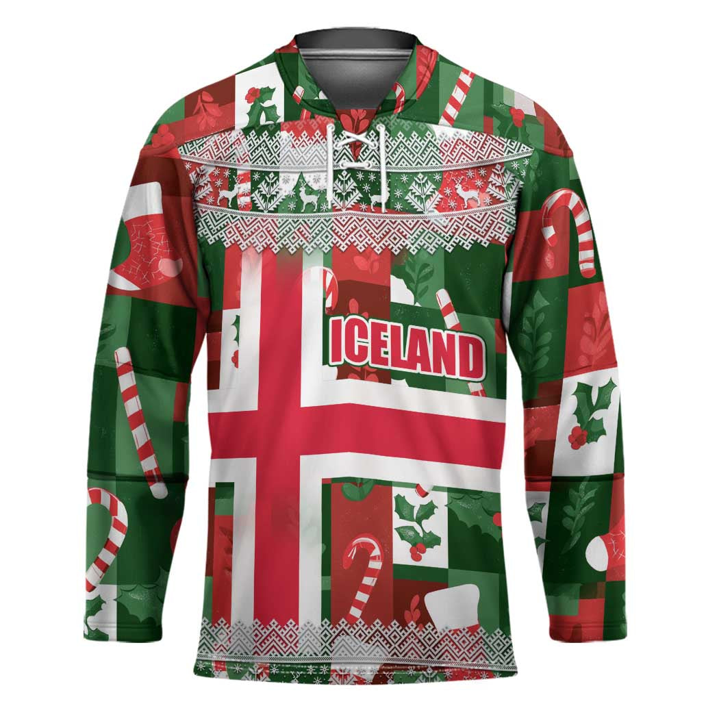 Iceland Christmas Hockey Jersey with Green & Red Candy Cane Pattern Santa Claus and National Flag Motif - Wonder Print Shop