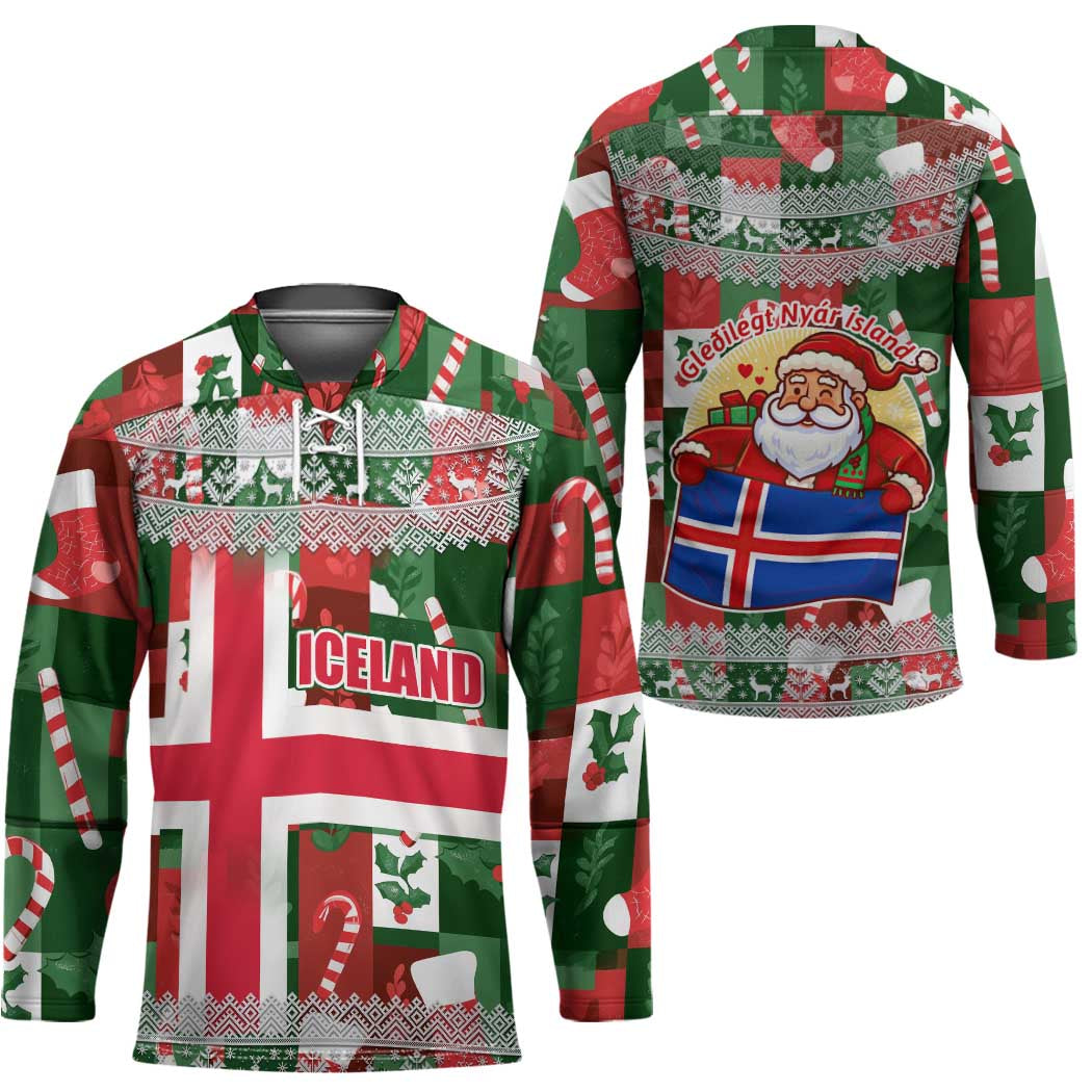 Iceland Christmas Hockey Jersey with Green & Red Candy Cane Pattern Santa Claus and National Flag Motif - Wonder Print Shop
