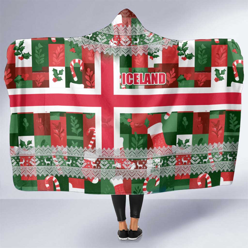 Iceland Christmas Hooded Blanket with Green & Red Candy Cane Pattern Santa Claus and National Flag Motif - Wonder Print Shop