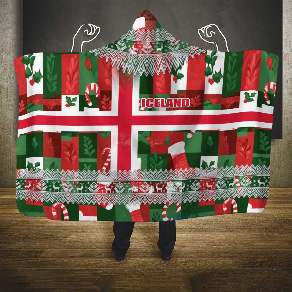 Iceland Christmas Hooded Blanket with Green & Red Candy Cane Pattern Santa Claus and National Flag Motif - Wonder Print Shop