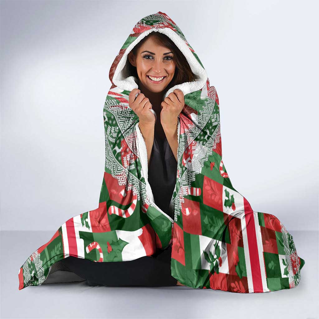 Iceland Christmas Hooded Blanket with Green & Red Candy Cane Pattern Santa Claus and National Flag Motif - Wonder Print Shop