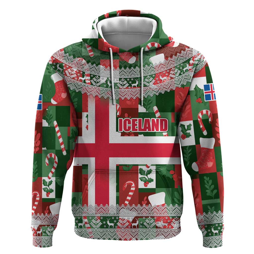 Iceland Christmas Hoodie with Green & Red Candy Cane Pattern Santa Claus and National Flag Motif - Wonder Print Shop