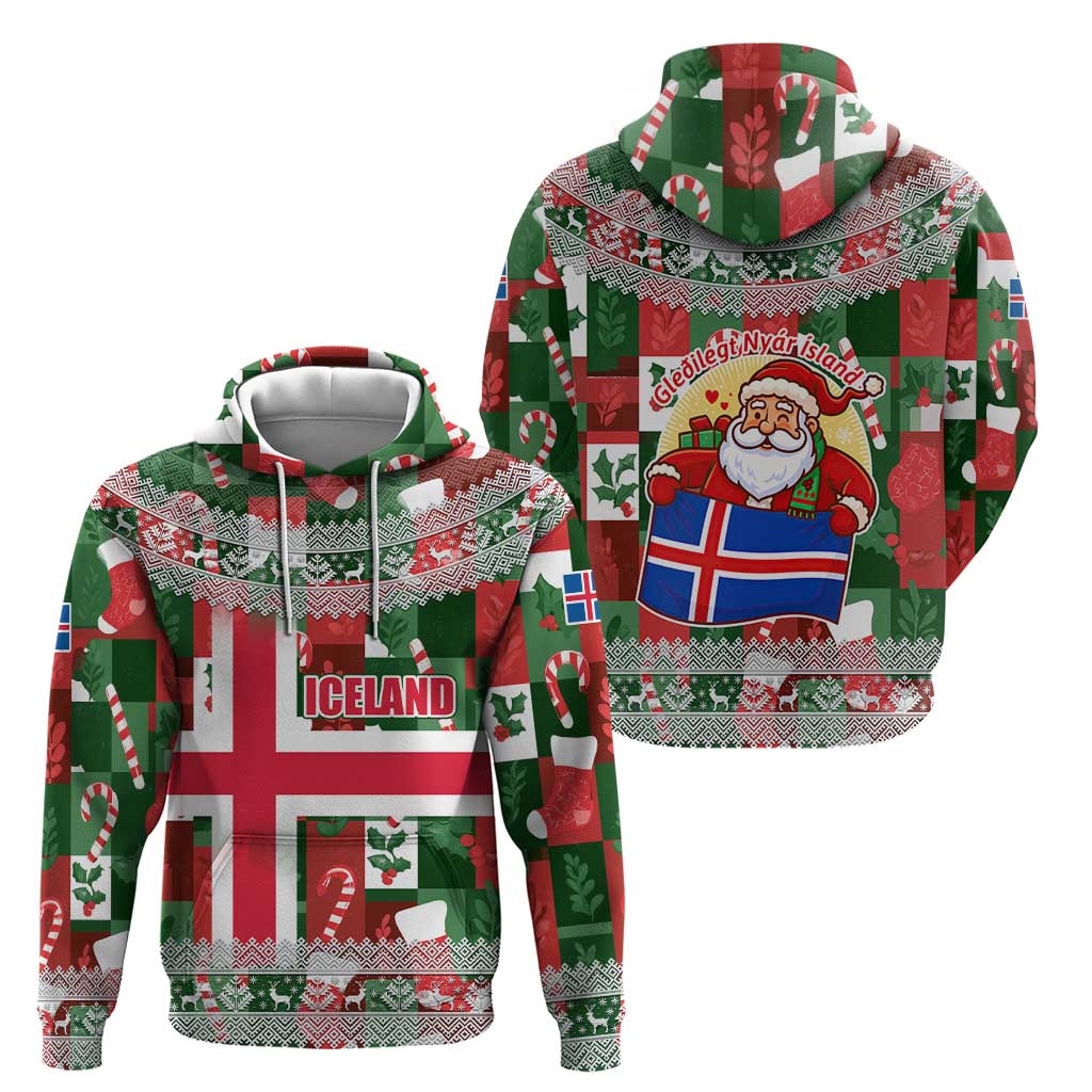 Iceland Christmas Hoodie with Green & Red Candy Cane Pattern Santa Claus and National Flag Motif - Wonder Print Shop