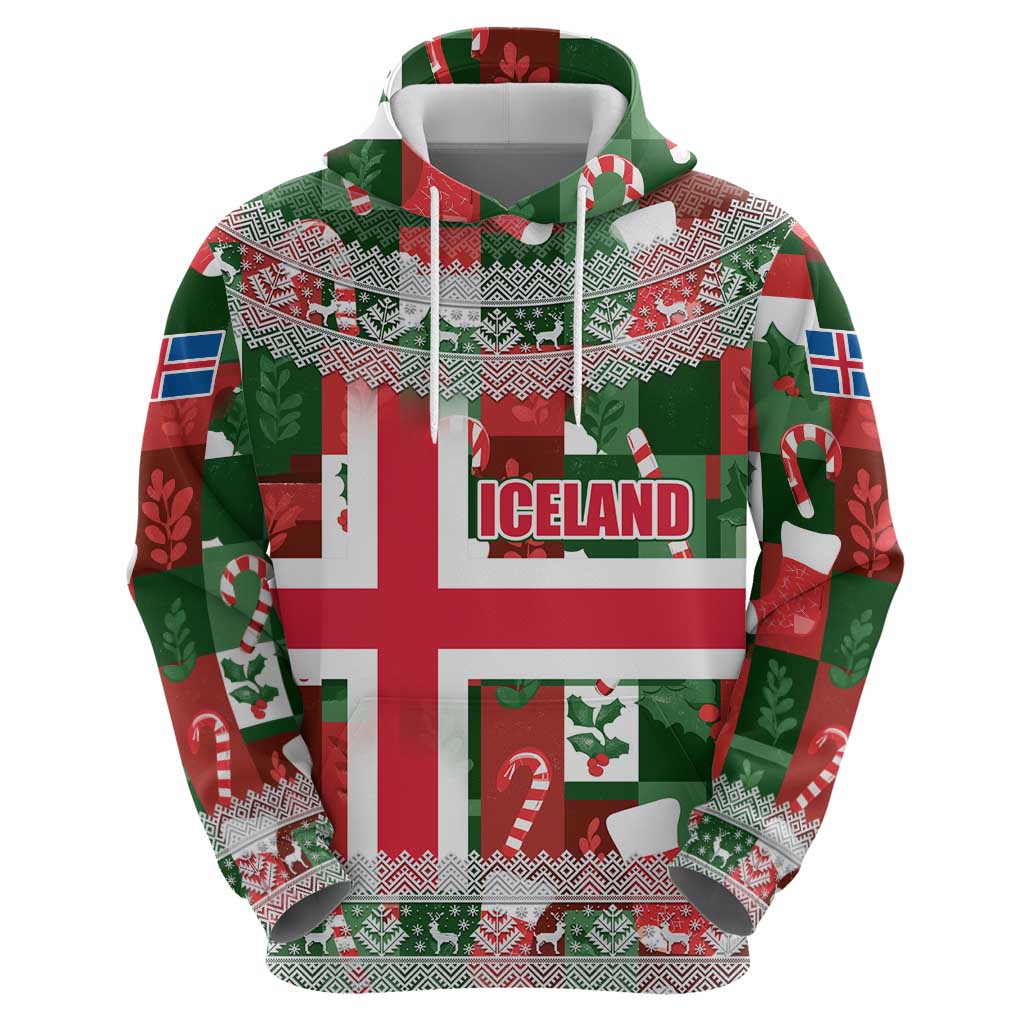 Iceland Christmas Hoodie with Green & Red Candy Cane Pattern Santa Claus and National Flag Motif - Wonder Print Shop