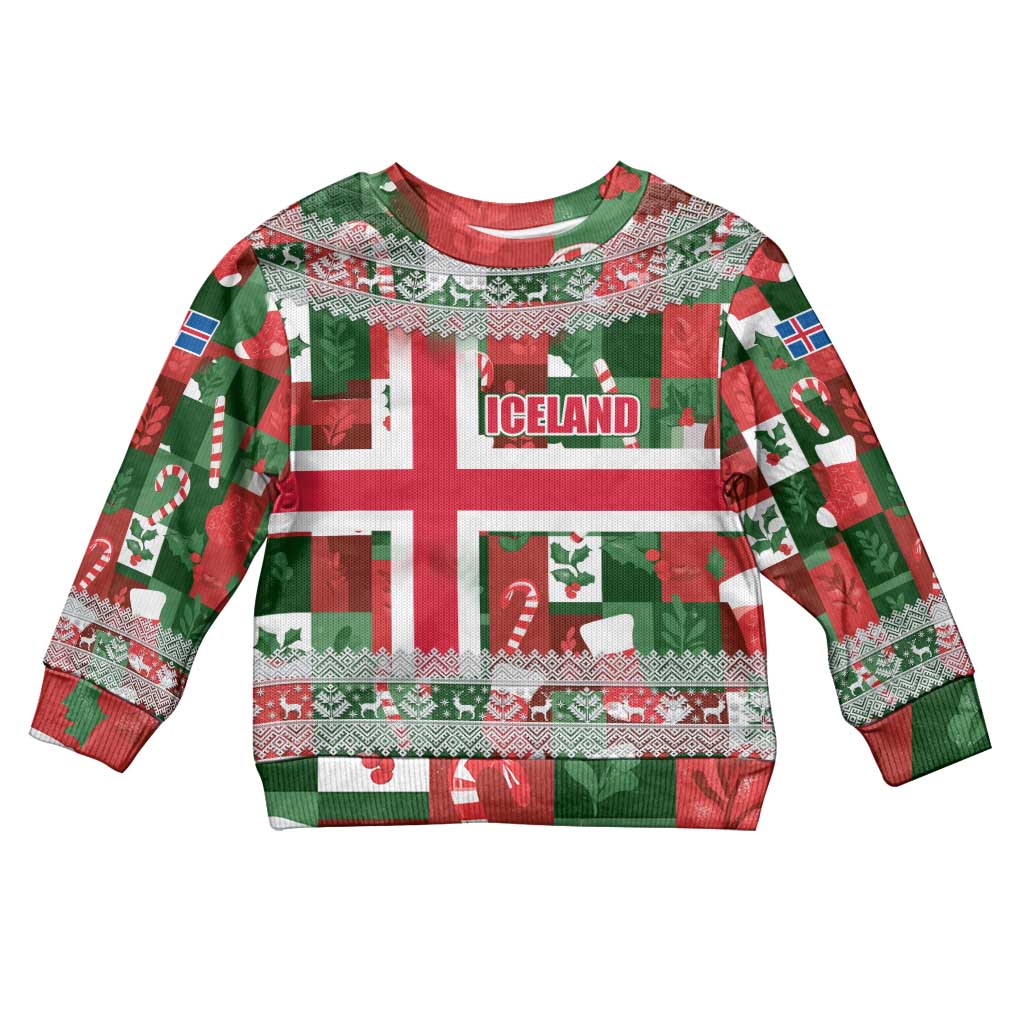 Iceland Christmas Kid Ugly Christmas Sweater with Green & Red Candy Cane Pattern Santa Claus and National Flag Motif - Wonder Print Shop