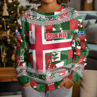 Iceland Christmas Kid Ugly Christmas Sweater with Green & Red Candy Cane Pattern Santa Claus and National Flag Motif - Wonder Print Shop