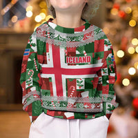 Iceland Christmas Kid Ugly Christmas Sweater with Green & Red Candy Cane Pattern Santa Claus and National Flag Motif - Wonder Print Shop