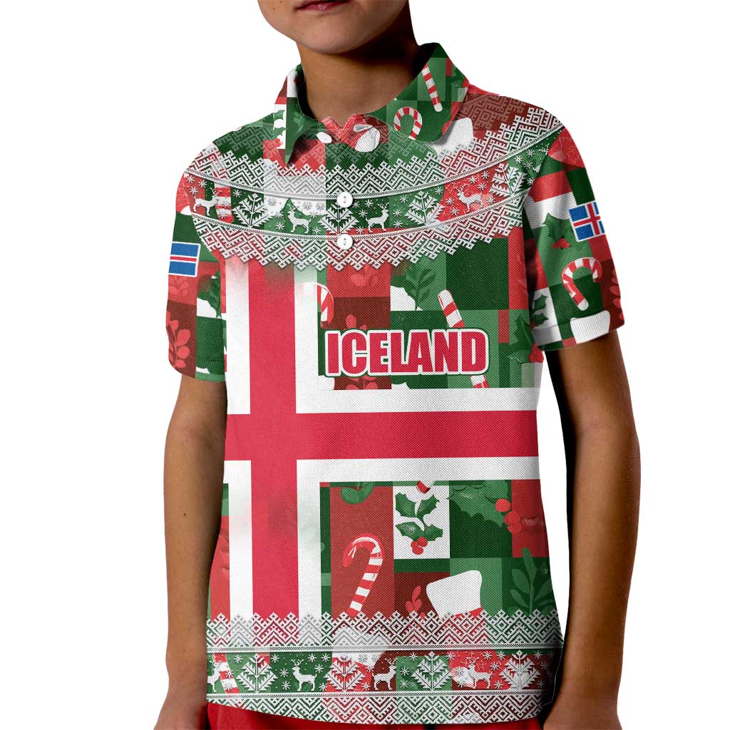 Iceland Christmas Kid Polo Shirt with Green & Red Candy Cane Pattern Santa Claus and National Flag Motif - Wonder Print Shop