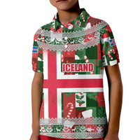 Iceland Christmas Kid Polo Shirt with Green & Red Candy Cane Pattern Santa Claus and National Flag Motif - Wonder Print Shop