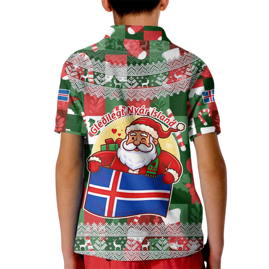 Iceland Christmas Kid Polo Shirt with Green & Red Candy Cane Pattern Santa Claus and National Flag Motif - Wonder Print Shop
