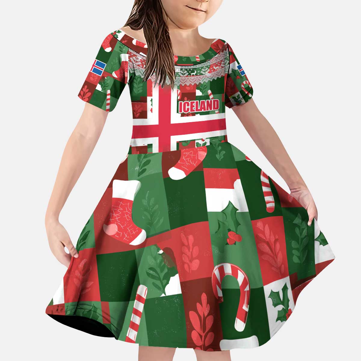Iceland Christmas Kid Short Sleeve Dress with Green & Red Candy Cane Pattern Santa Claus and National Flag Motif - Wonder Print Shop