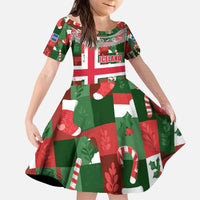 Iceland Christmas Kid Short Sleeve Dress with Green & Red Candy Cane Pattern Santa Claus and National Flag Motif - Wonder Print Shop