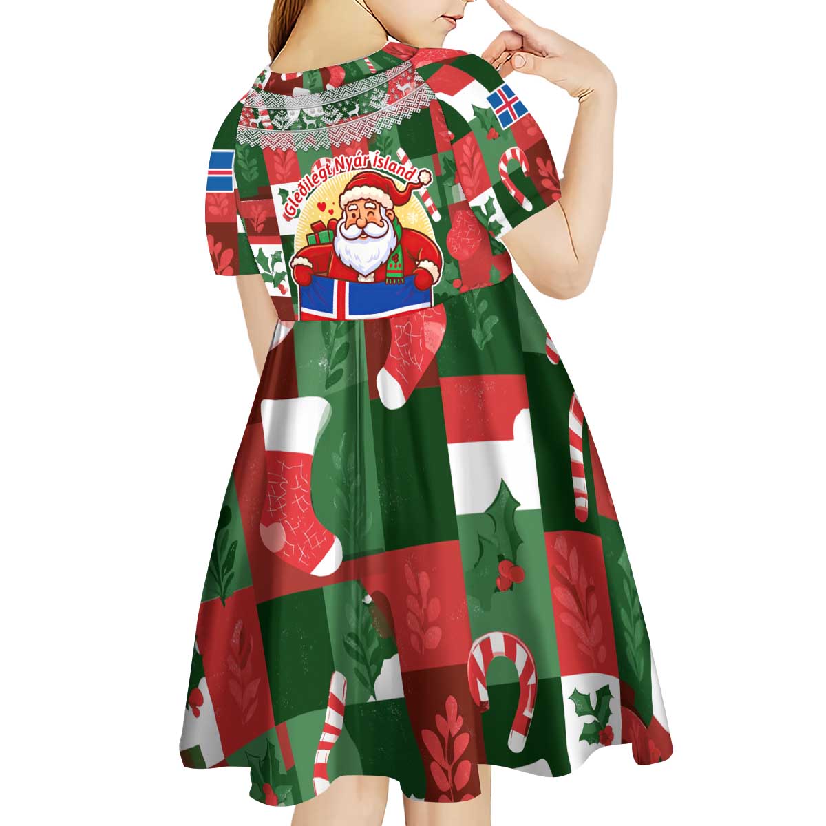 Iceland Christmas Kid Short Sleeve Dress with Green & Red Candy Cane Pattern Santa Claus and National Flag Motif - Wonder Print Shop