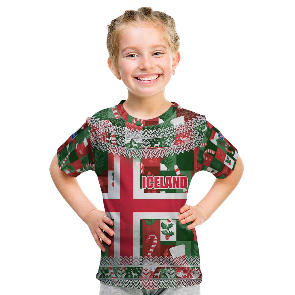 Iceland Christmas Kid T Shirt with Green & Red Candy Cane Pattern Santa Claus and National Flag Motif - Wonder Print Shop