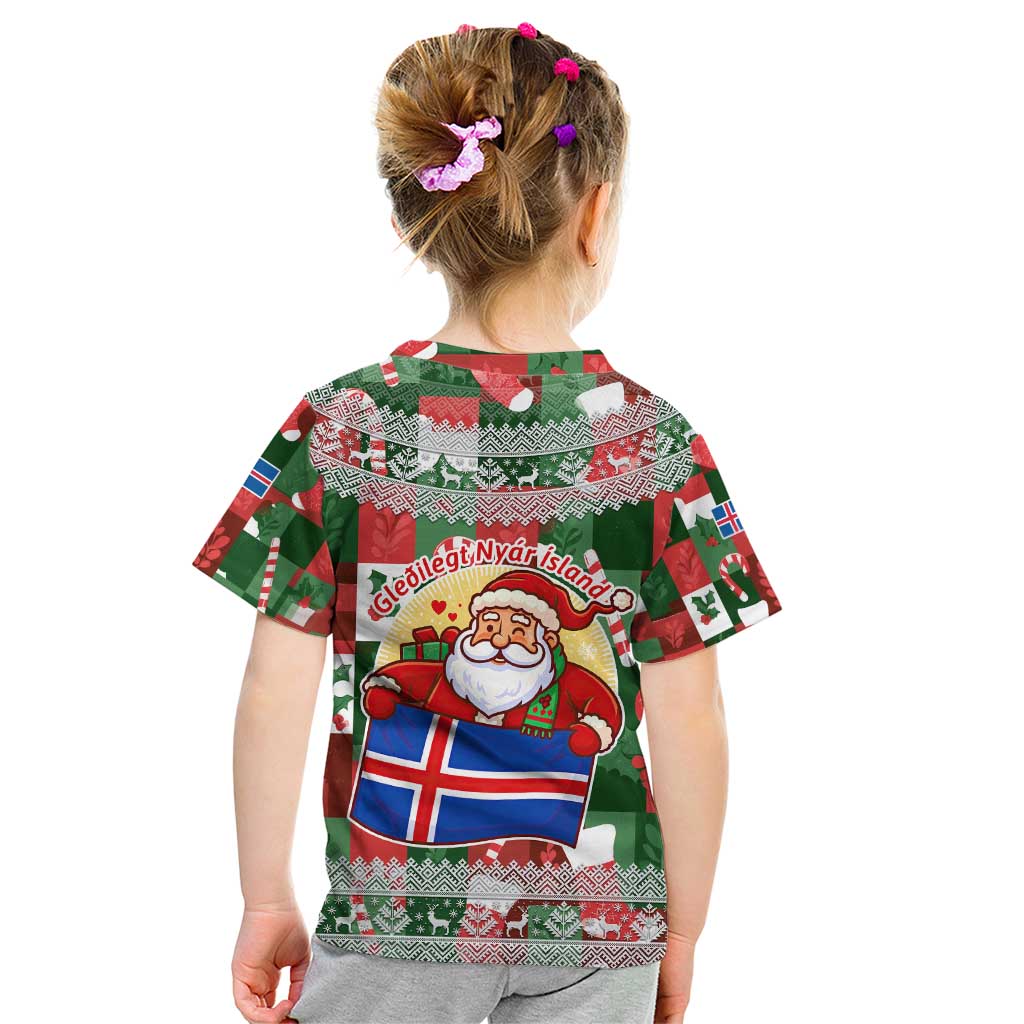 Iceland Christmas Kid T Shirt with Green & Red Candy Cane Pattern Santa Claus and National Flag Motif - Wonder Print Shop