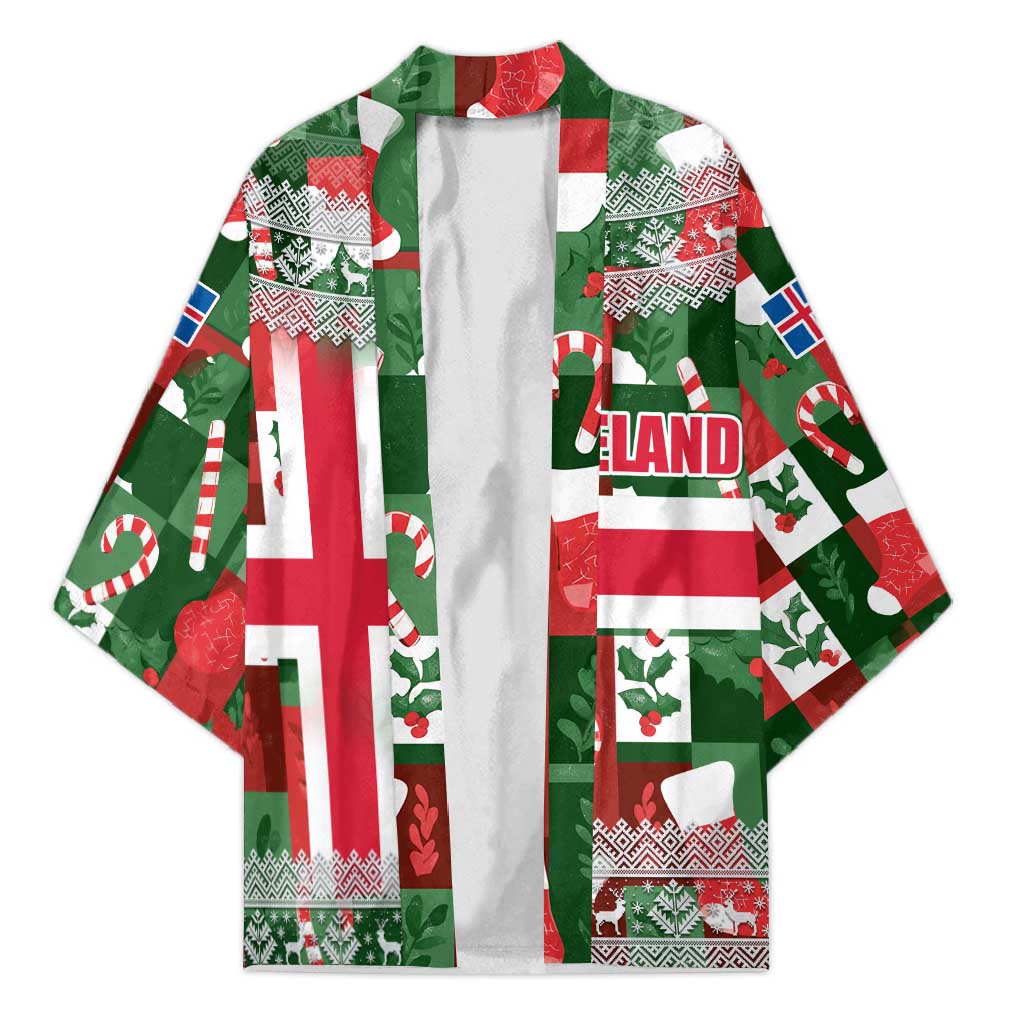 Iceland Christmas Kimono with Green & Red Candy Cane Pattern Santa Claus and National Flag Motif - Wonder Print Shop