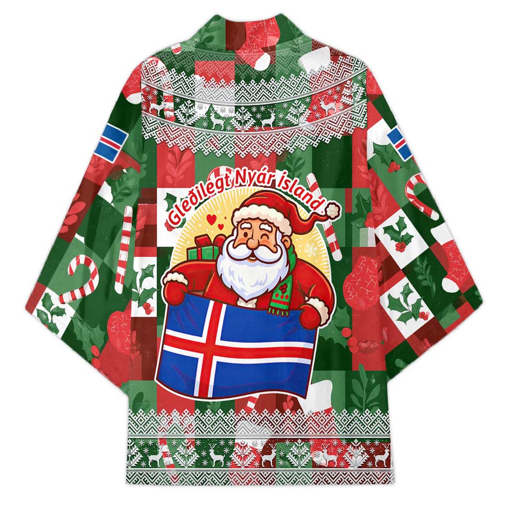 Iceland Christmas Kimono with Green & Red Candy Cane Pattern Santa Claus and National Flag Motif - Wonder Print Shop