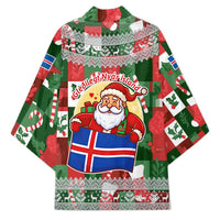 Iceland Christmas Kimono with Green & Red Candy Cane Pattern Santa Claus and National Flag Motif - Wonder Print Shop