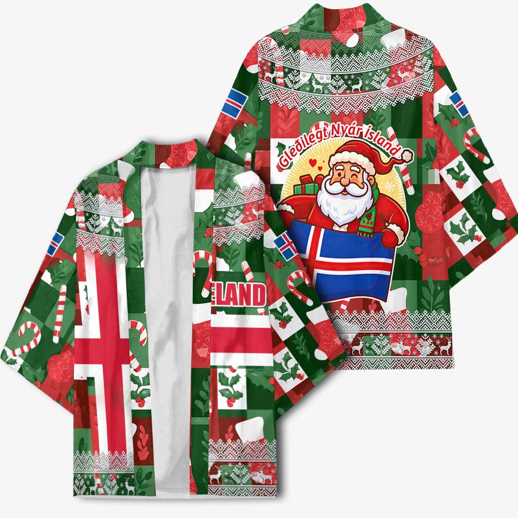 Iceland Christmas Kimono with Green & Red Candy Cane Pattern Santa Claus and National Flag Motif - Wonder Print Shop