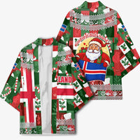 Iceland Christmas Kimono with Green & Red Candy Cane Pattern Santa Claus and National Flag Motif - Wonder Print Shop