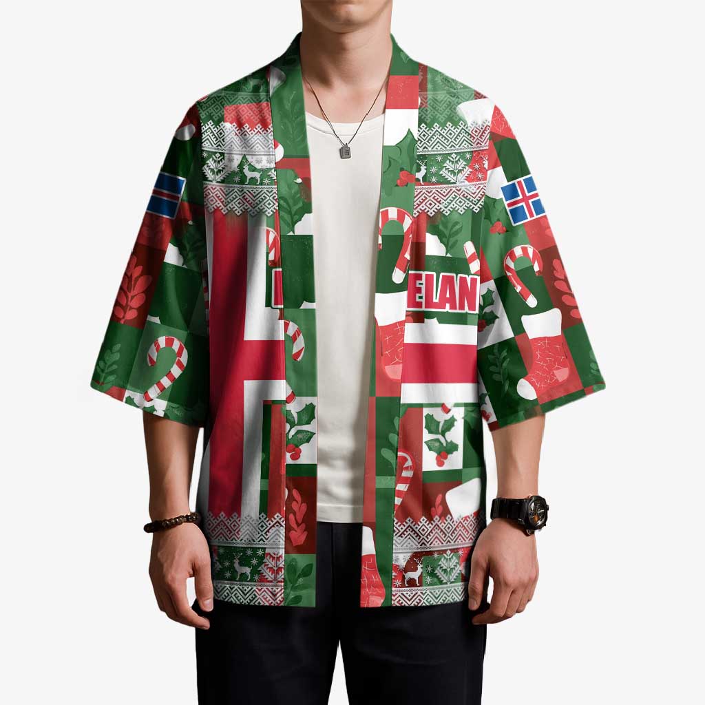 Iceland Christmas Kimono with Green & Red Candy Cane Pattern Santa Claus and National Flag Motif - Wonder Print Shop