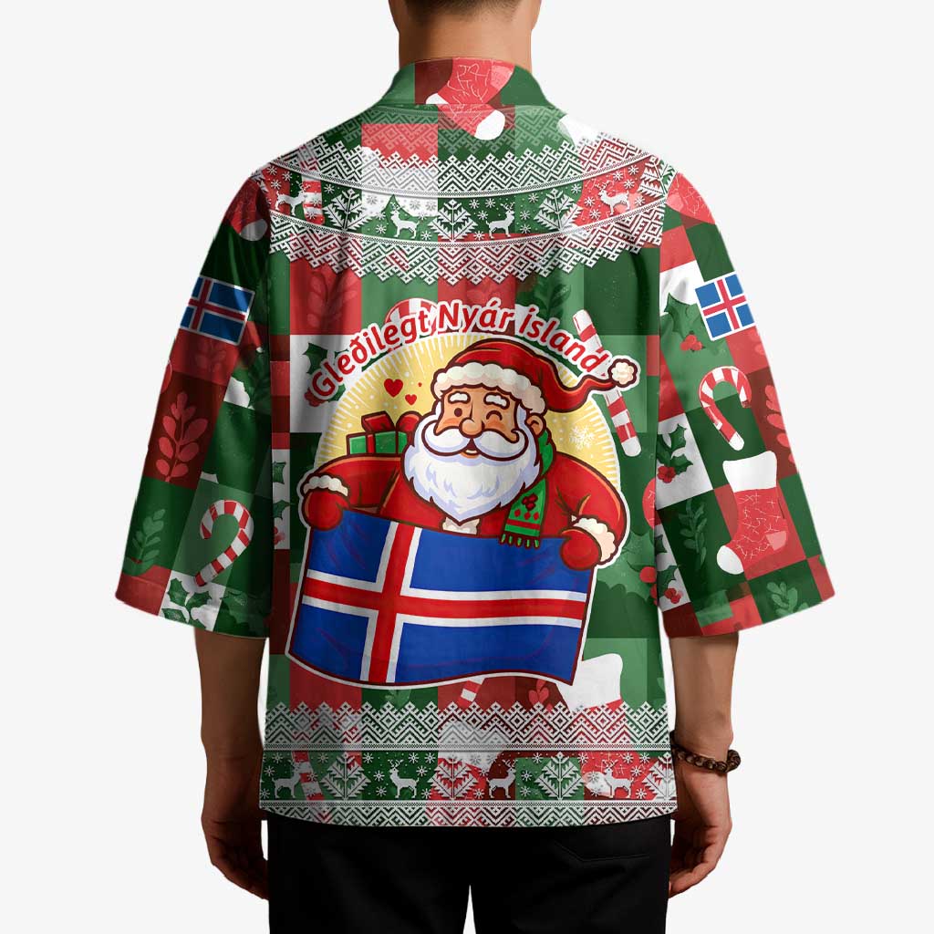 Iceland Christmas Kimono with Green & Red Candy Cane Pattern Santa Claus and National Flag Motif - Wonder Print Shop
