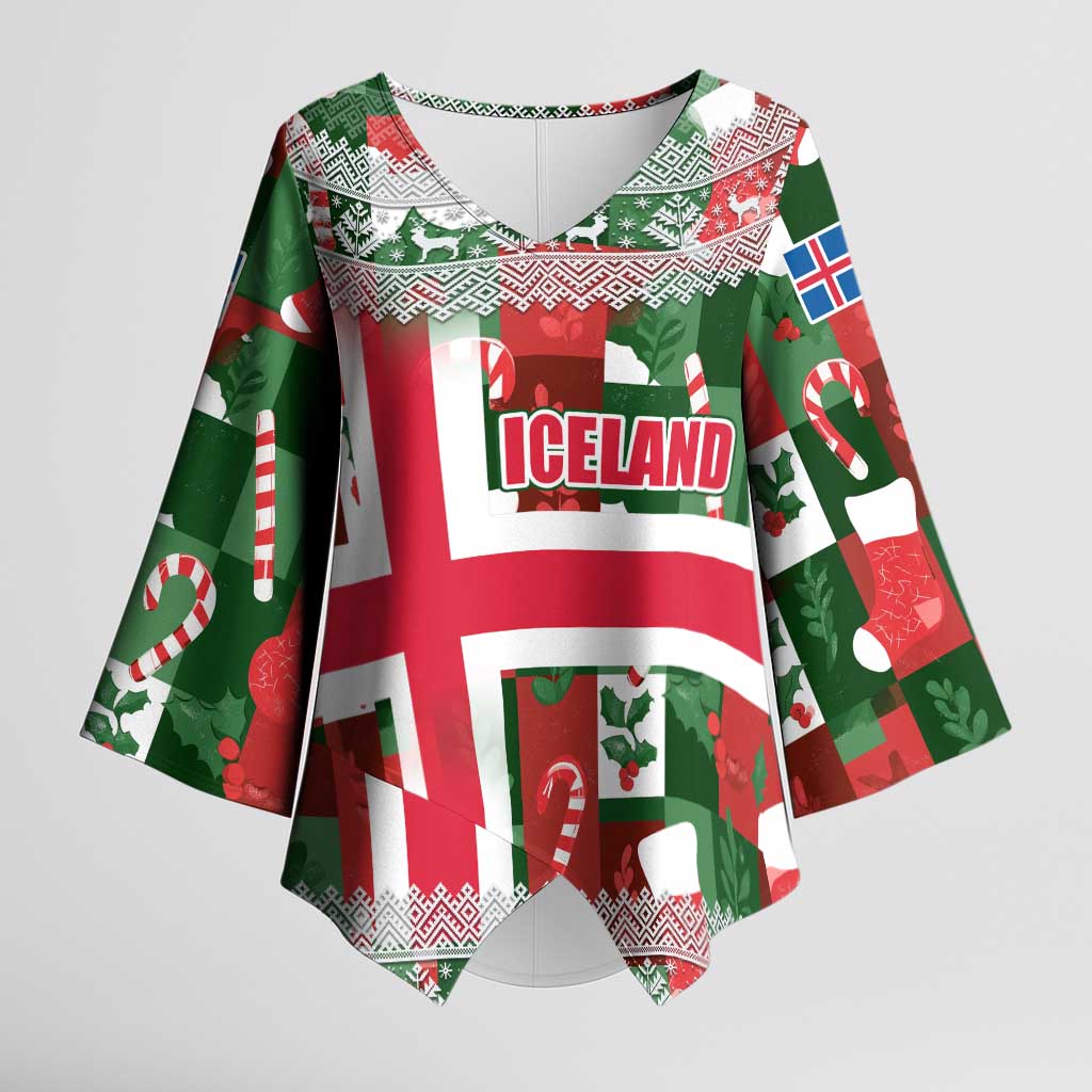 Iceland Christmas Kimono Sleeve Blouse with Green & Red Candy Cane Pattern Santa Claus and National Flag Motif - Wonder Print Shop