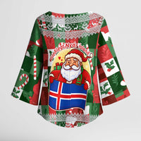 Iceland Christmas Kimono Sleeve Blouse with Green & Red Candy Cane Pattern Santa Claus and National Flag Motif - Wonder Print Shop