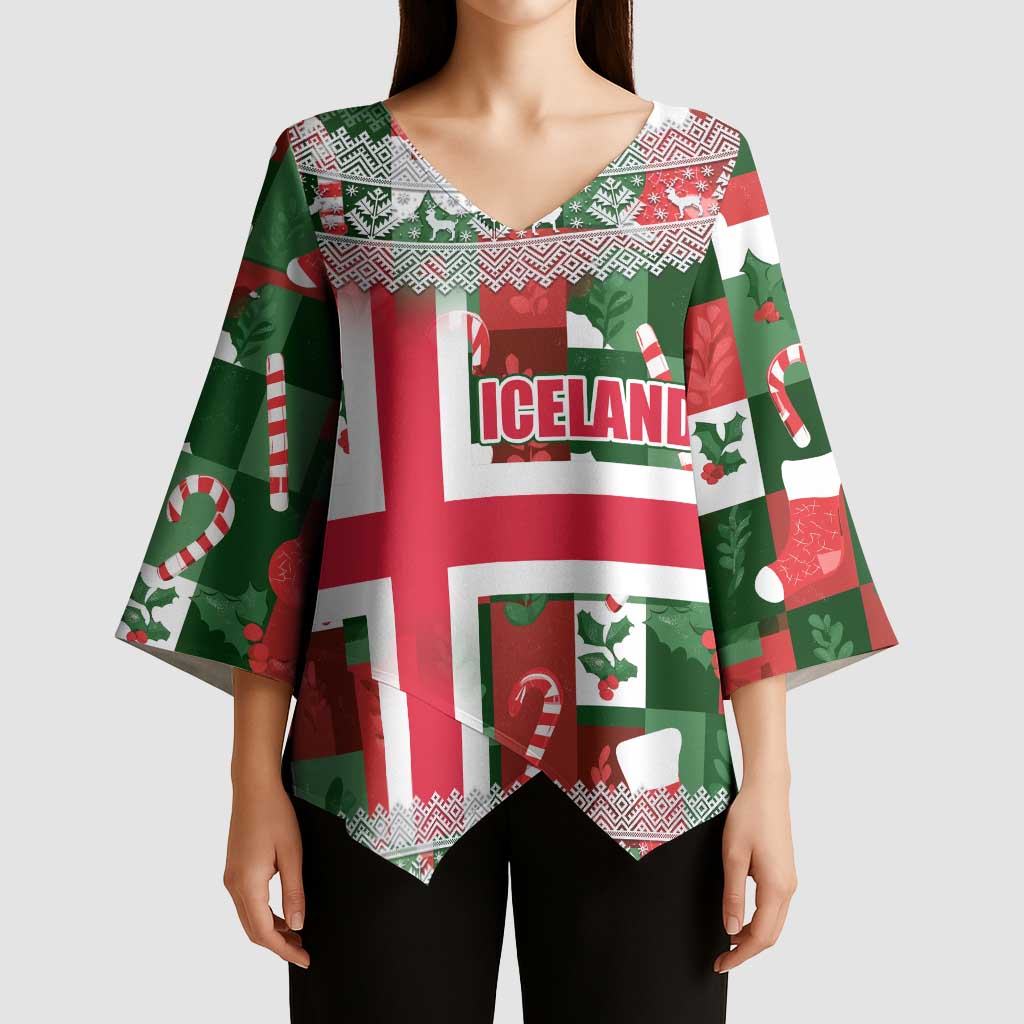 Iceland Christmas Kimono Sleeve Blouse with Green & Red Candy Cane Pattern Santa Claus and National Flag Motif - Wonder Print Shop