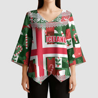 Iceland Christmas Kimono Sleeve Blouse with Green & Red Candy Cane Pattern Santa Claus and National Flag Motif - Wonder Print Shop